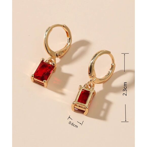 Emerald Cut Red Rhinestone Gold Drop Earrings Dangle Pendant Hoop Elegant Stylsh - Picture 3 of 4